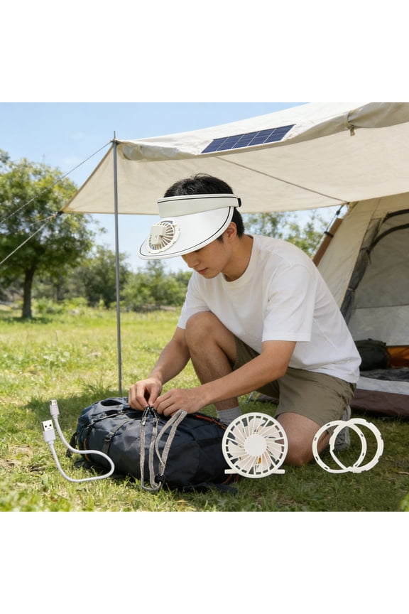 Solar Powered CapHat USB Rechargeable • 3 Speed Adjustable• Breathable Lightweight Acrylic Sun Visor • Black White Outdoor Hiking Fishing Camping Travel