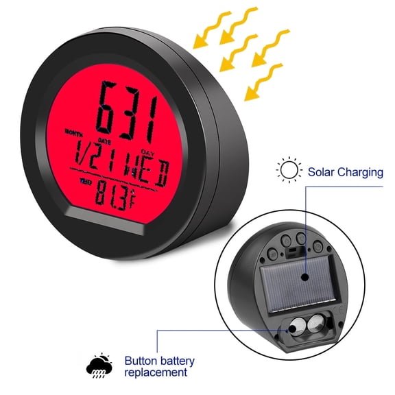 Solar-Powered Car Clock With Thermometer - Digital LCD Display Shows Time, Date, Weekday & Temperature For Dashboard, Auto Stick-On Design,Red Backlight
