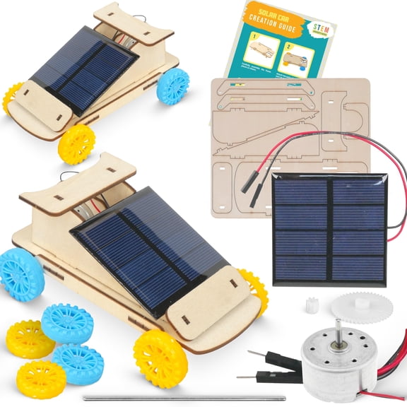 Solar Powered Car Kit (2-Pack) Build-Your-Own Wooden Solar Vehicles for Kids, STEM Engineering Project Kits for Classroom, Renewable Energy Science Experiments, Ages 8 and up