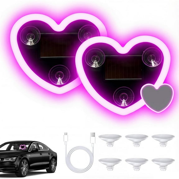 Solar-Powered Car Led Lights Interior, 2 Pcs Ambient Lighting Car Window Light, Double Heart-Shaped Pink Accessories Neon Ambient Interior Decoration with Suction Cup, 4 Colors Available (Pink)Q