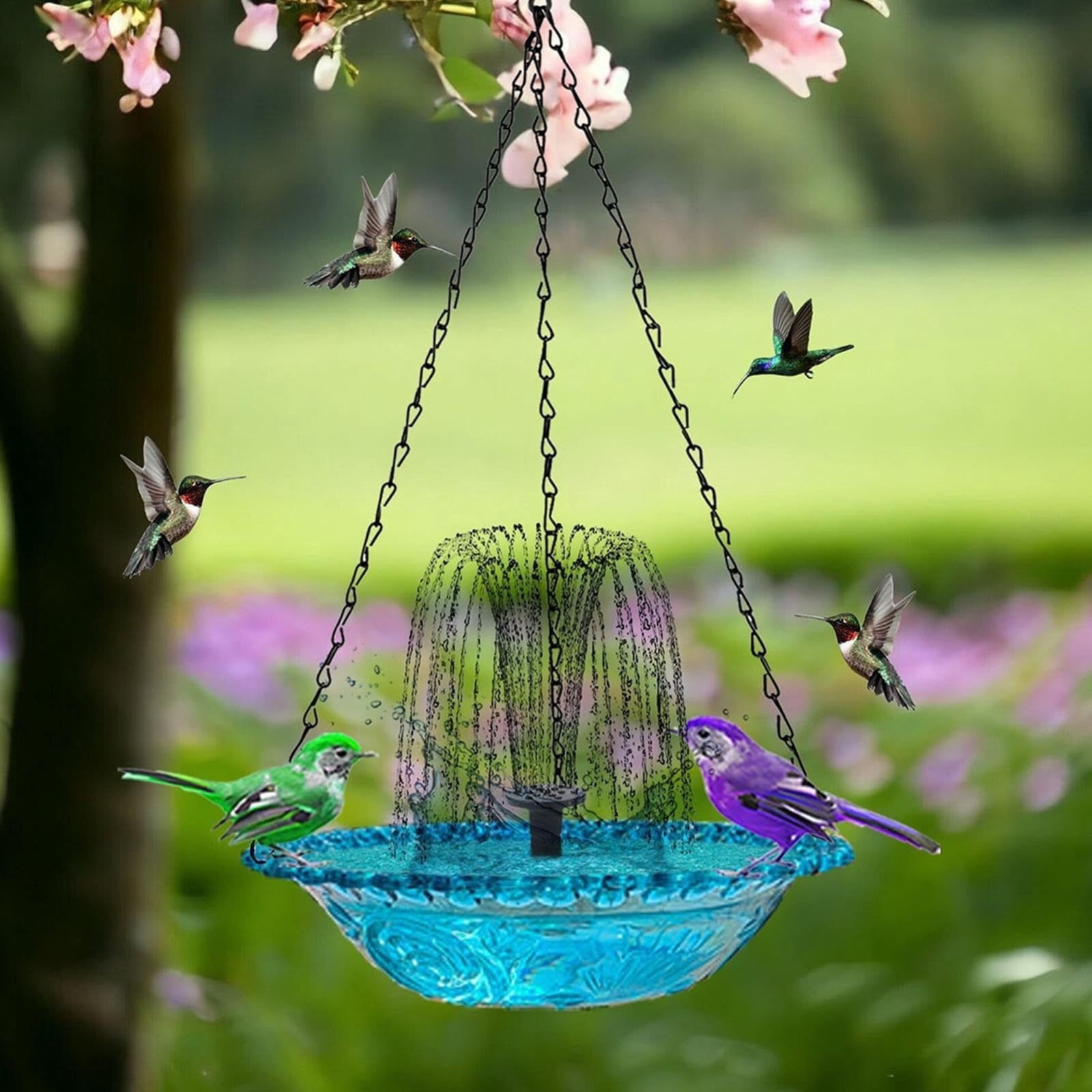 Solar Powered Cascading Hanging Bird Bath for Garden Patio Backyard with Water Fountain, Wildlife Attractor, and Weather-Resistant Outdoor Decor