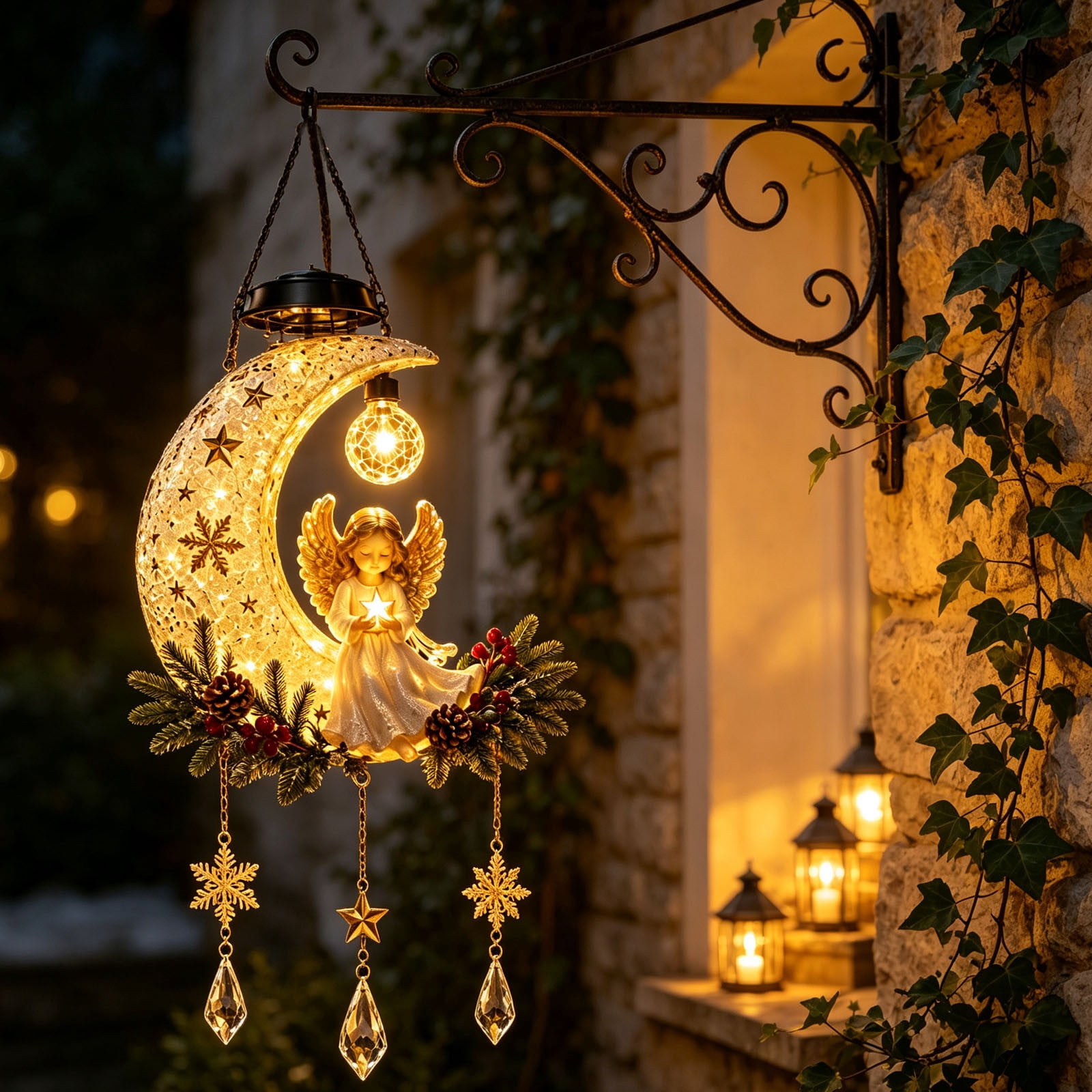 Solar Powered Christmas Angel Hanging Garden Light, LED Christmas Angel