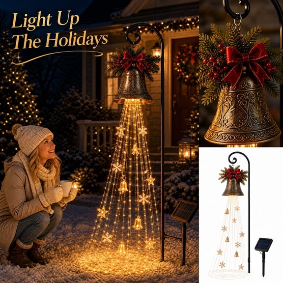 SolarPowered Christmas Bell Magic Fountain Garden Stake Light, Cascading Warm LED String Light with Snowflake & Star Ornaments, Waterproof Outdoor Yard Porch Xmas Holiday Decoration