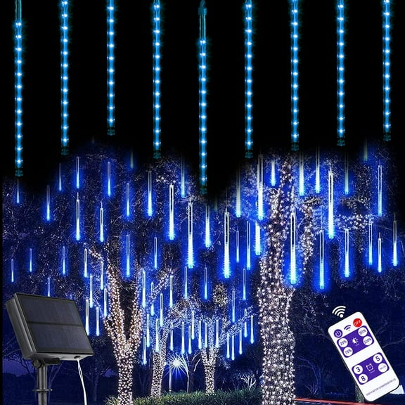 Solar Powered Christmas Meteor Shower Lights, 10 Tube 240 LED Icicle Fairy String Lights, Blue