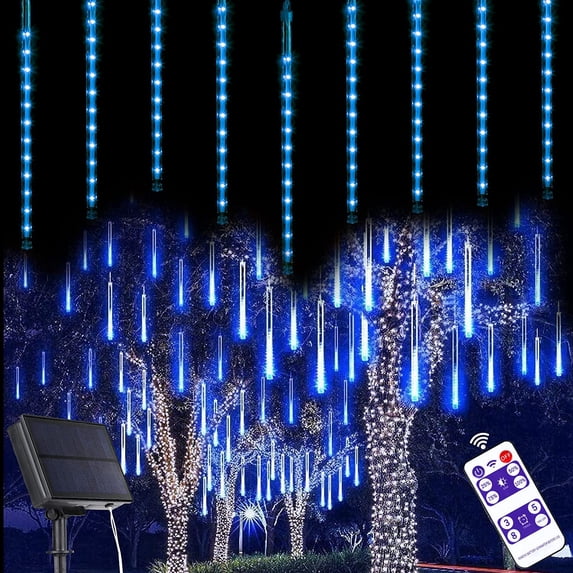 Solar Powered Christmas Meteor Shower Lights, 10 Tube 240 LED Icicle Fairy String Lights, Blue