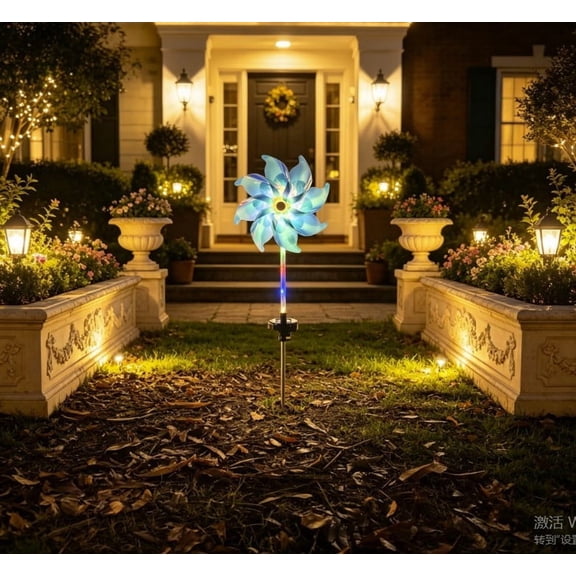 Solar Powered Colorful Wind Spinner Stake Light,Rainbow Transparent Windmill LED Ground Lamp for Lawn Pathway Yard Outdoor Night Landscape Decor(Blue,M)