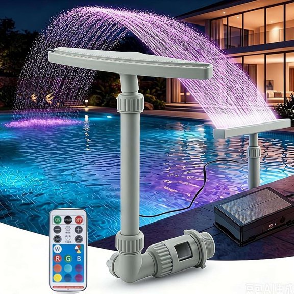 Solar Powered Crescent Pool Fountain with LED Lights and Remote, 360 Adjustable Dual Spray Color Lamp Water Jet Decor for Outdoor Backyard Villa Swimming Pool Garden Pond Landscape (Grey)