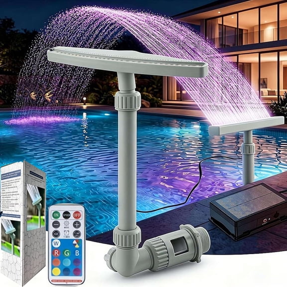 Solar Powered Crescent Pool Fountain with LED Lights and Remote, 360 Adjustable Dual Spray Color Lamp Water Jet Decor