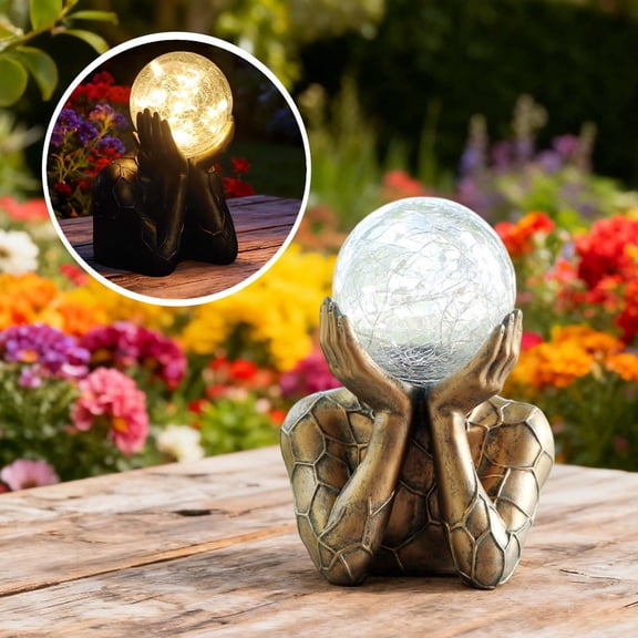 Solar Powered Crystal Ball Light Outdoor Decorative Garden Ornament for Courtyard Luminous Crack Resin Pillar with Roman Column Design and Solar Panel for Patio Pathways