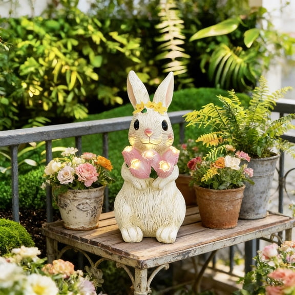 Solar Powered Decorative Bunny with Tulip Figurine Lamp,Resin Outdoor Garden Decoration House Decor