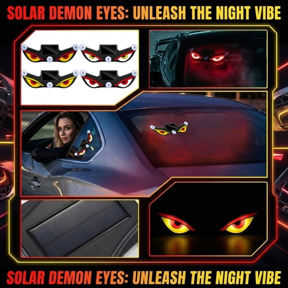 Solar Powered Demon Eyes Car Decal, Dynamic LED Light Up Stickers with Suction Cups for Easy Install, Weatherproof Design Perfect for Car Window and Windshield Decoration