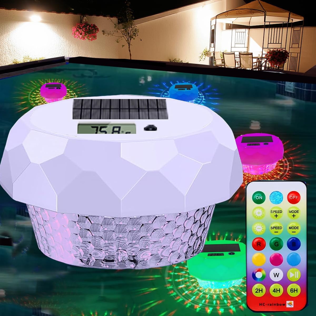 Solar Pool Lights Digital Thermometer with RGB Color Changing LED Easy Read with Extra-Large Screen Temperature Thermometer IP68 Waterproof Perfect for Pools Hot Tubs & Outdoor