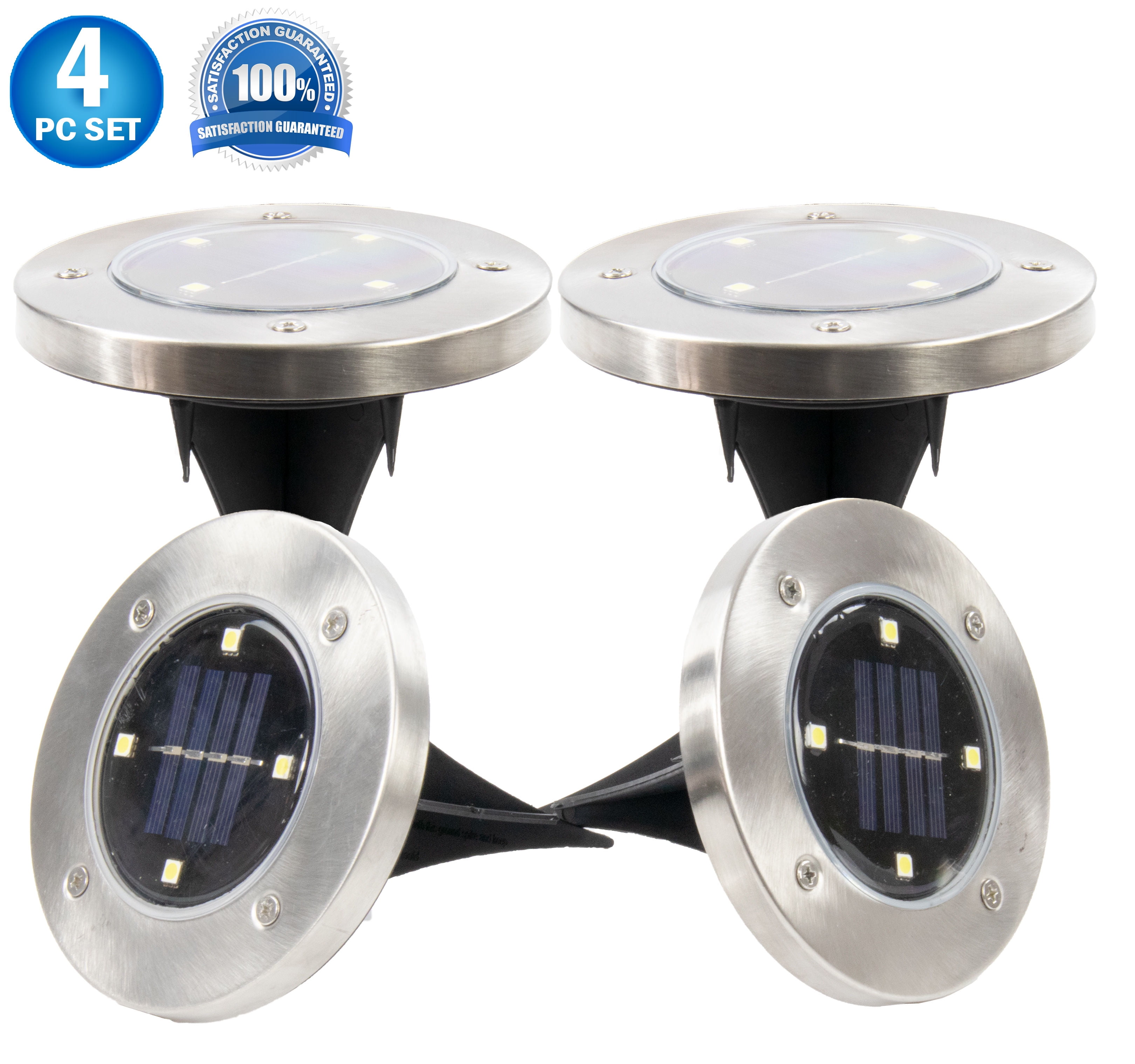 Solar Powered Disk Path Ground Lights - 4 Bright LED's - Flush Flat Outdoor Indoor Waterproof Garden Landscape Spike Yard Disc Lights - 4 Pack Bright White