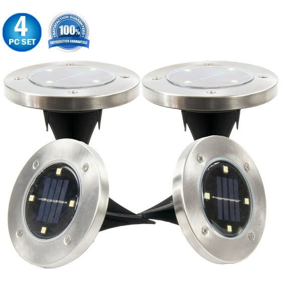 Solar Powered Disk Path Ground Lights - 4 Bright LED's - Flush Flat Outdoor Indoor Waterproof Garden Landscape Spike Yard Disc Lights - 4 Pack Bright White