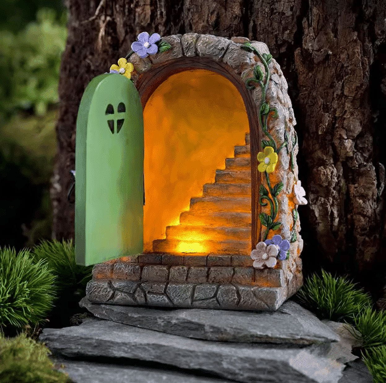 Solar Powered Door Statue with LED Light, Outdoor Garden Tree Door Window Sculpture for Yard Path Patio Décor, Resin Solar House Statue Automatically Lights at Night for Landscape Decoration