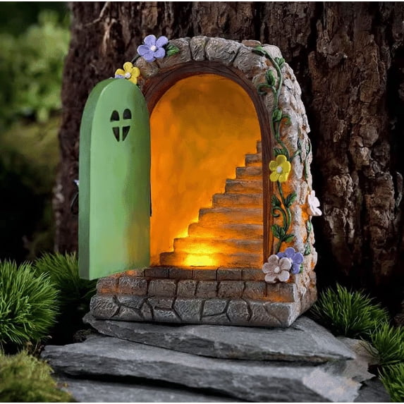 Solar Powered Door Statue with LED Light, Outdoor Garden Tree Door Window Sculpture for Yard Path Patio Décor, Resin Solar House Statue Automatically Lights at Night for Landscape Decoration