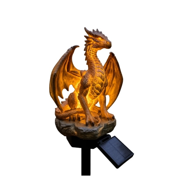 Solar Powered Dragon Legacy Garden Light, Golden Ember LED Glow Statue Lamp, Waterproof Outdoor Pathway Decor, Medieval Gothic Fantasy Gift for Dragon Enthusiasts