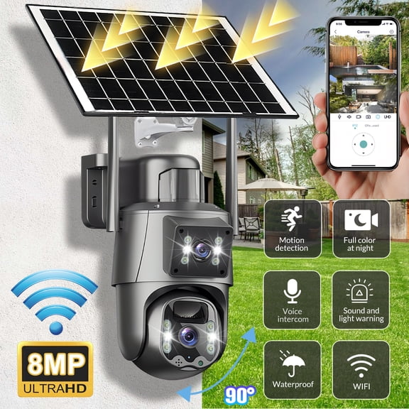 Solar Powered Dual-Lens Security Camera Outdoor Wireless 1296P, 8000mAh Battery, PIR Motion Detection, 2-Way Audio, Full-Color Night Vision, IP66 Waterproof WiFi Camera for Home Yard Security