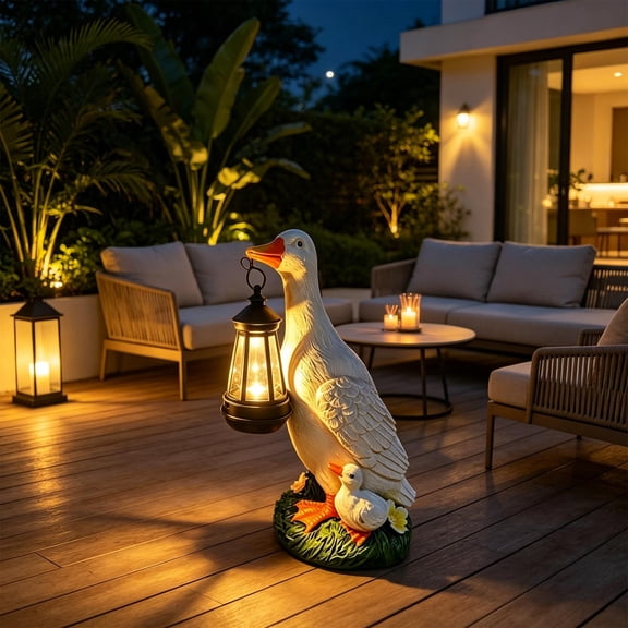Solar Powered Duck Garden Figurine With LED Light, Outdoor Resin Duck Statue Decoration For Courtyard Lawn Patio Pathway And Landscape Ornament