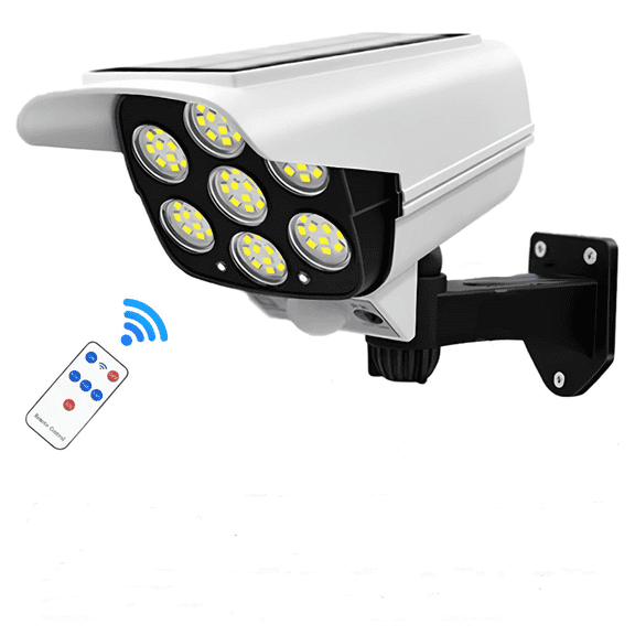 Solar Powered Dummy Security Camera Light with Motion Sensor, 3 Lighting Modes LED Flood Light, IP65 Waterproof Fake Camera Light for Outdoor Garden Yard Driveway (Remote Control Included)