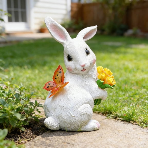 Solar Powered Easter Bunny Garden Statue Outdoor, Rabbit Figurines With LED Lights For Yard Patio Balcony Lawn, Solar Butterfly Lights Decoration, Gardening Gifts For Mom Grandma House Warming,White