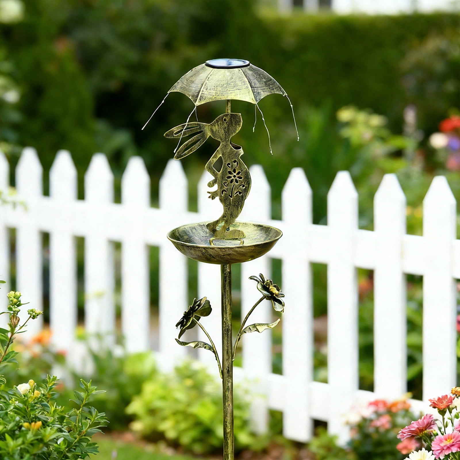 Solar Powered Easter Rabbit Bird Feeder with Light, Metal Umbrella Garden Stake for Outdoors, 2-in-1 Solar Bird Feeder & Yard Art, Weatherproof Spring Decor