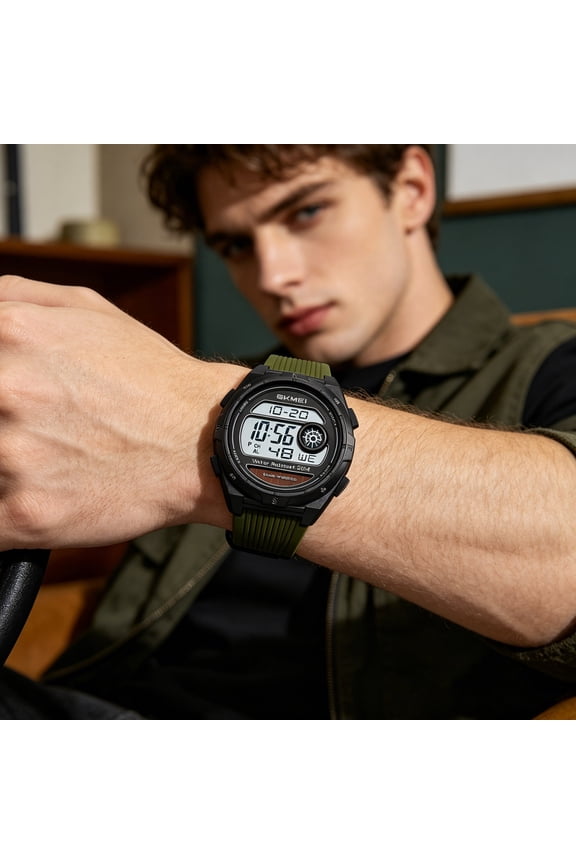 Solar Powered Electronic Watch – Waterproof Sports Outdoor Digital Wristwatch, Multifunctional Luminous Watch with Alarm Clock, Casual Trendy Eco-Friendly(Army Green)
