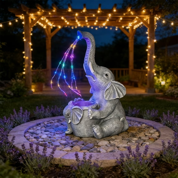 Solar Powered Elephant Statue, Outdoor Solar Garden Lights, Resin Animal Ornament for Lawn Patio Yard Decor