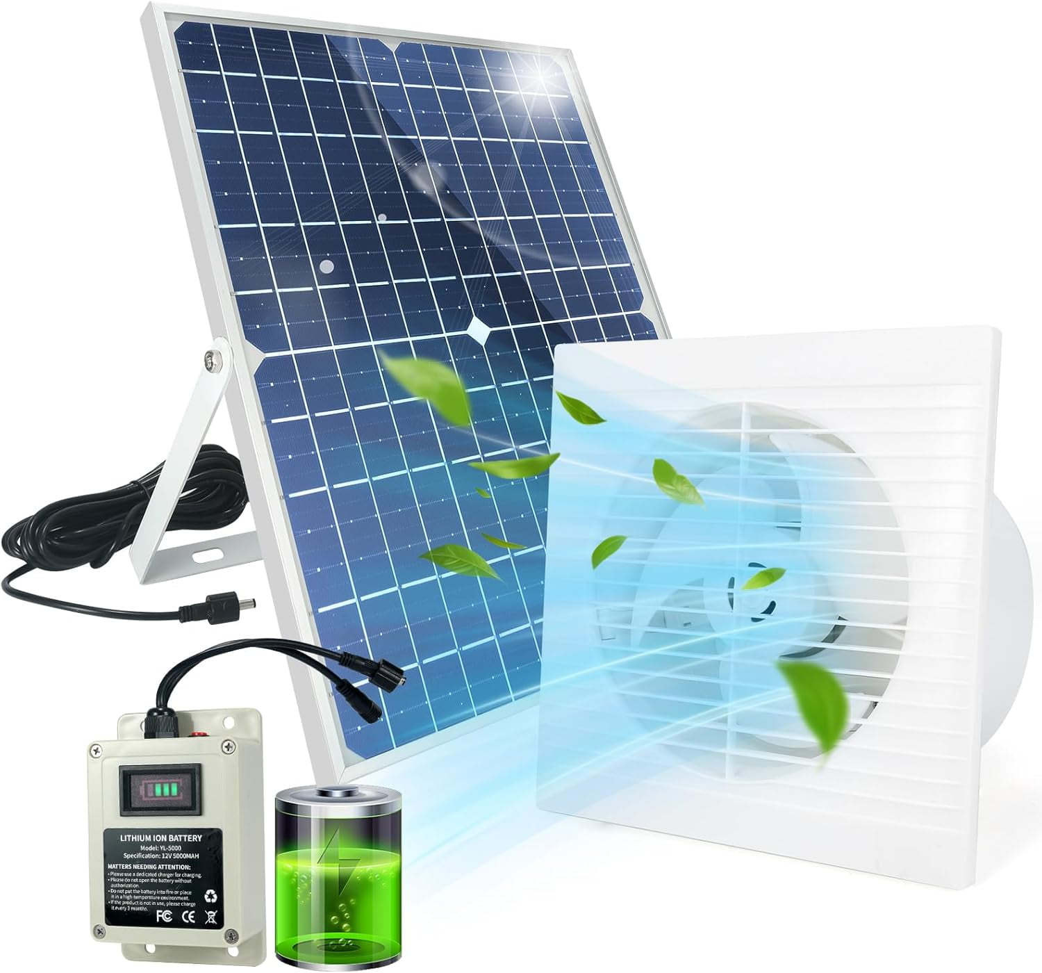Solar Powered Exhaust Fan with Battery, 25 W Waterproof Solar Panel 8 Inch Ventilation Vent Fan Solar Fan for Greenhouse, Shed, Garage, Attic, Workshop Outside