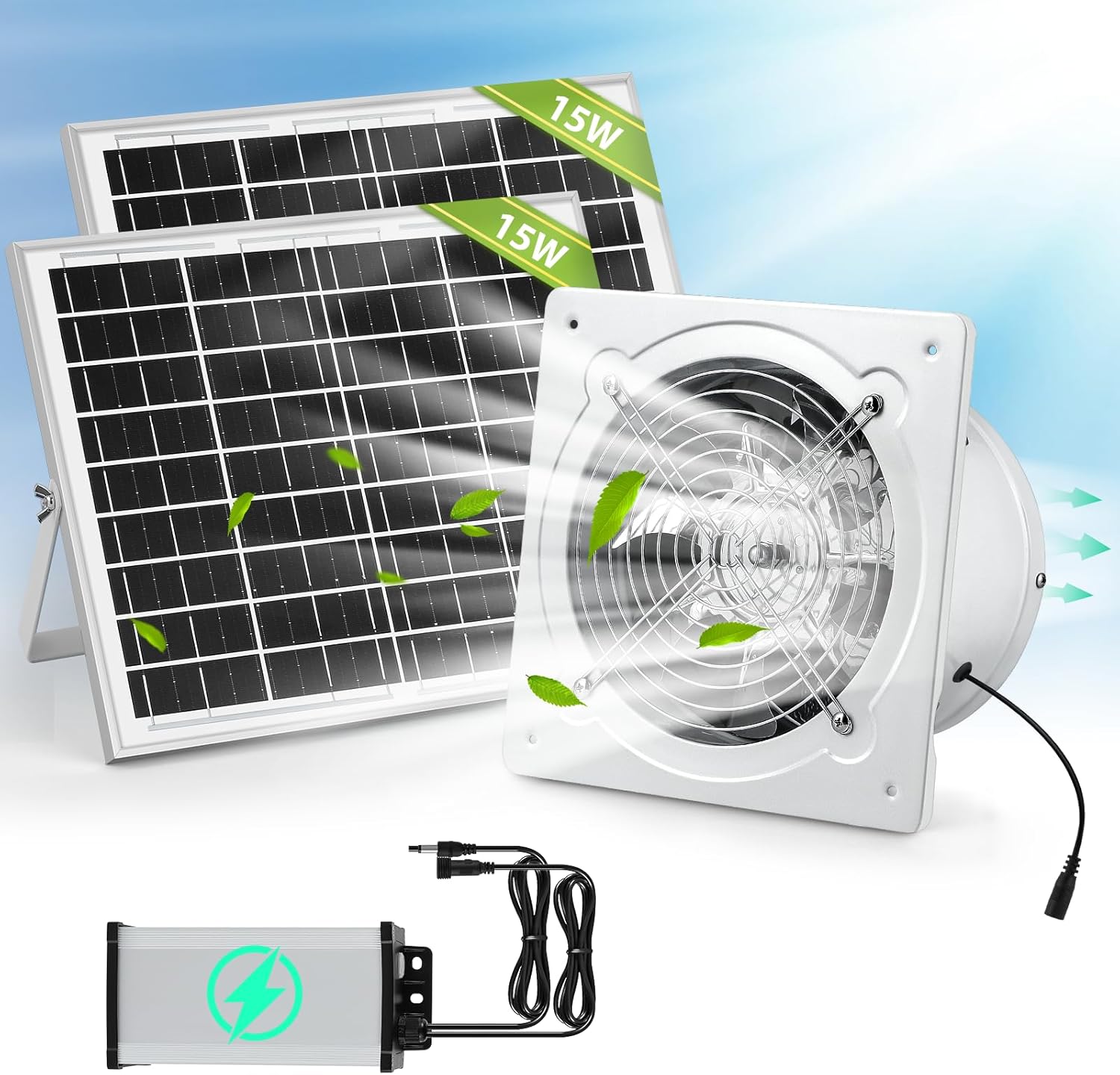 Solar Powered Exhaust Fan with Rechargeable Battery, 2Pcs 15W Solar Panel + 8'' Metal High-airflow Exhaust Fan, Ventilation for Greenhouse, Sheds, Chicken Coops, Pet Houses