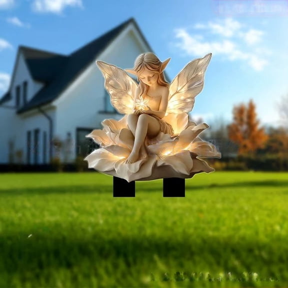 Solar Powered Fairy Garden Statue with LED Lights - 2D Acrylic Angel Stake, Waterproof Outdoor Decor for Lawn, Patio, Yard, Flower Bed, Pathway, Gift for Garden Lovers