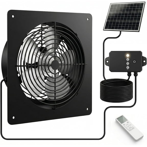 Solar Powered Fan with Battery Backup, 15W Monocrystalline Panel, 12V 4000mAh Control Box, Remote Control, 3 Modes, Adjustable Speed Ventilation Fan for Chicken Coop, Greenhouse, Shed, Attic