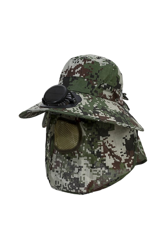Solar Powered Fan Bucket Hat with Face Mask, Camouflage Cooling Sun Hat for Men Women, Outdoor Fishing Hiking Hunting Work Hat