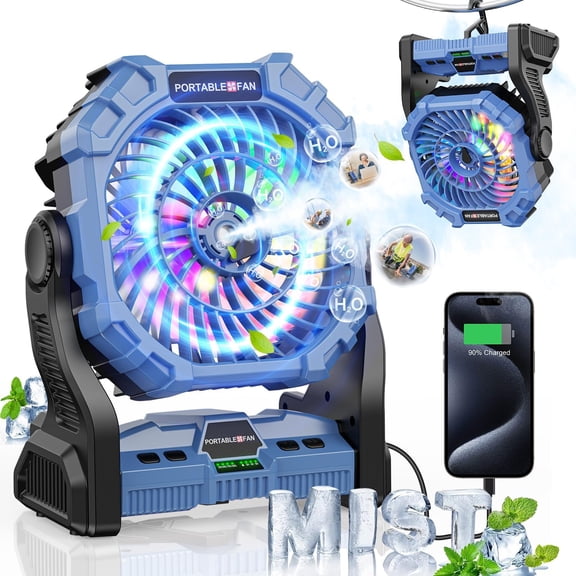 Misting Fan Portable with RGB Lantern, 30000 mAh Rechargeable Camping  Fan with Emergency Battery Power Bank Hurricane Supplies, Perfect Cooling Mister for Outdoor Travel