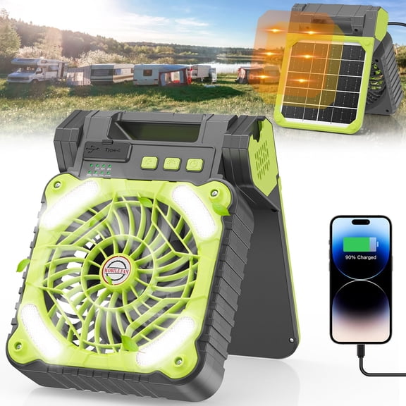 Art In Real Solar Powered Camping Fan, 10400mAh Rechargeable with LED Lantern, Strong Airflow, 4 Speeds & 3 Timers for Picnic, Fishing & Outdoor Use