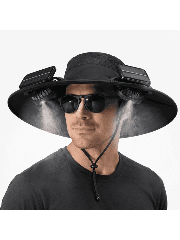 Solar Powered Cooling Safari Hat with Dual Fans and Mist Function, Wide Brim Bucket Hat for Unisex Adults, Black