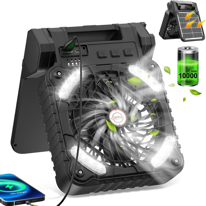 Solar Powered Fan For Camping With Light - Battery Powered & Solar Powered Fan –10000mAh Rechargeable Fans Ventilator For Tents Home & Outdoor Activities, Suitable For Picnic, Fishing, Travel