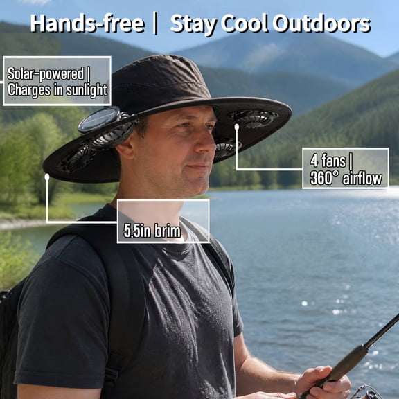 Solar Powered Fan Hat with 4 Cooling Fans, 3 Adjustable Speeds, Solar & USB Rechargeable, Adjustable Fan Angle, Wide Brim Sun Hat for Summer Hiking & Outdoor Activities