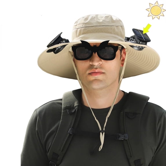 Solar Powered Fan Hat, Wide Brim Boonie Sun Hat with 2 Built-in Solar Fans, 3 Speed Adjustable Outdoor Sun Cap for Fishing Hiking Gardening - Khaki