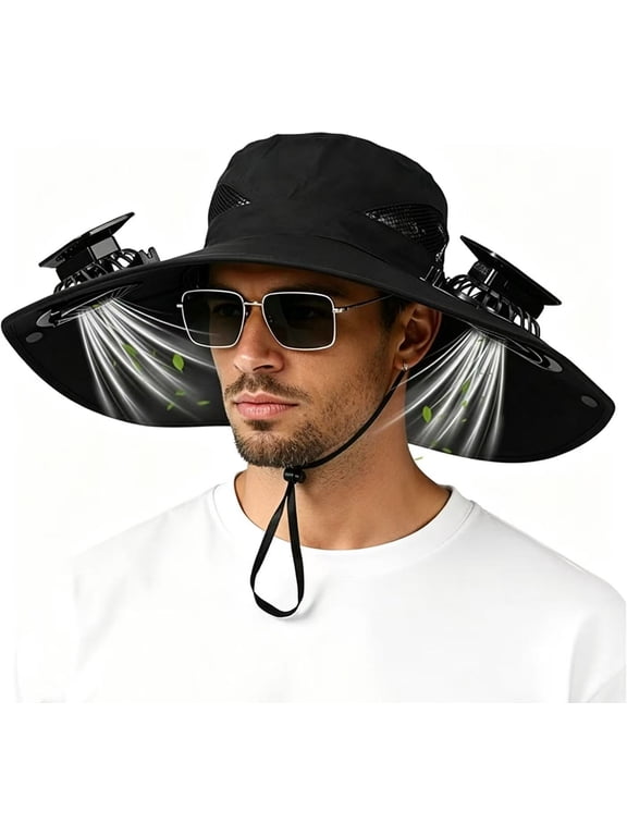 Solar Powered Fan Hat, Wide Brim Cooling Hat with Dual Solar Fans, 2-in-1 Hands-Free Sun Hat for Outdoor Hiking, Fishing, and Gardening