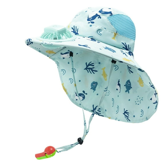 Solar Powered Fan Hat for Girl Sky Blue Wide Brim Solar Fan Hat for Kids Hat with 1 Solar Power Fan Bucket Hats for Child #3-10 Years