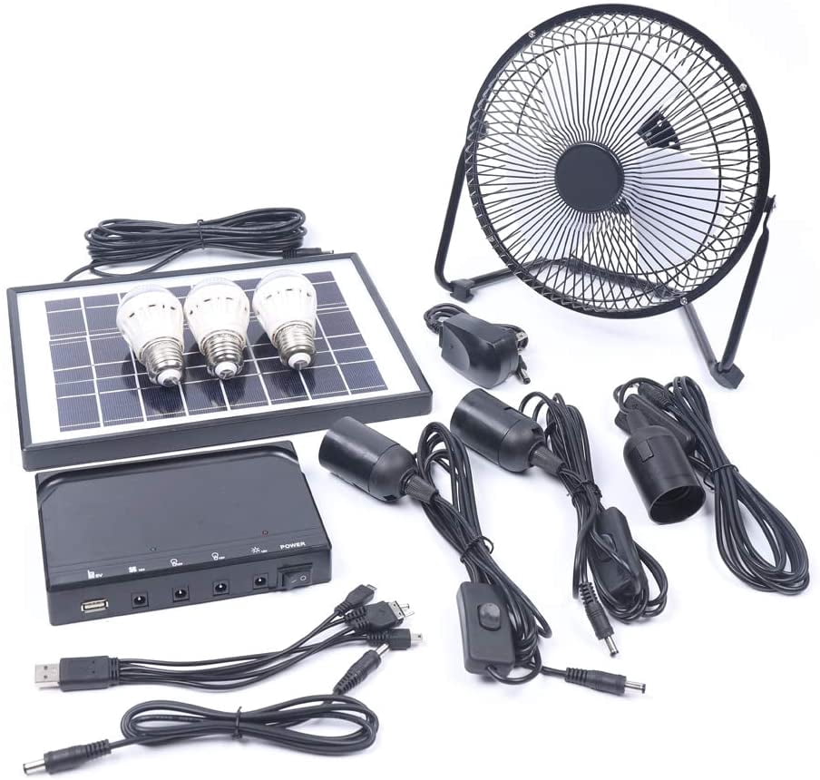 Solar Powered Fan Kit with Solar Panel, 5W Solar Camping Fans 3 LED Lights USB Charging Port, 4000mAh 10.6 Inch Rechargeable Portable Fan, 110V Dual Charging for Home, Camping, Travel, Outdoor Use