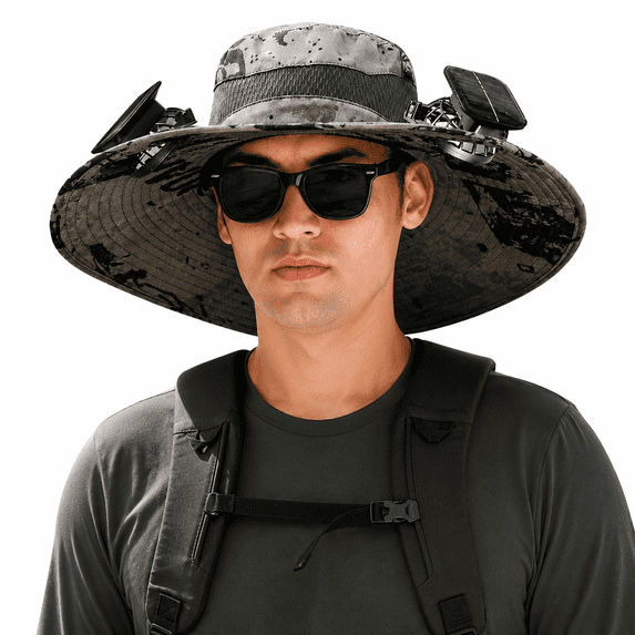 Solar Powered Fan Sun Hat, Sun Hat with Fan, Wide Brim Cooling Hat with 2 Detachable Fans, USB Rechargeable Fishing Hat for Men Women Hiking Camping Gardening