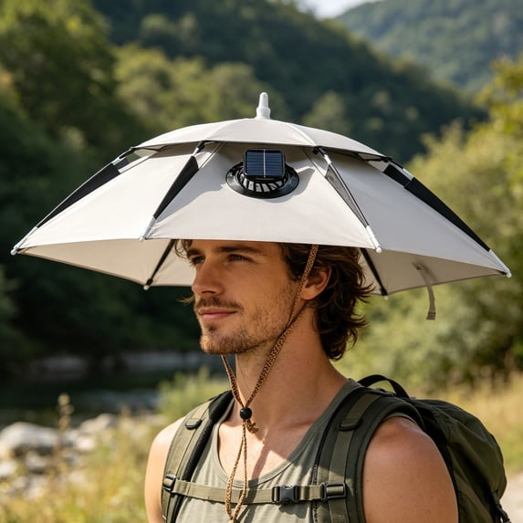 Solar Powered Fan Umbrella Hat 31.5in UPF 50+ Dual Cooling Hands Free Outdoor Sun Protection Hat for Fishing Golf Camping(White,One Size)