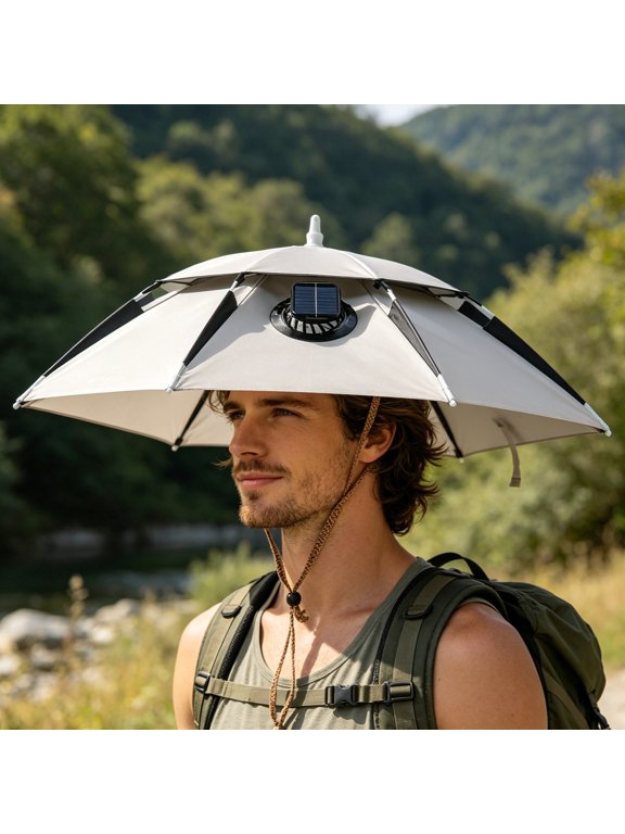 Solar Powered Fan Umbrella Hat 31.5in UPF 50+ Dual Cooling Hands Free Outdoor Sun Protection Hat for Fishing Golf Camping(White,One Size)