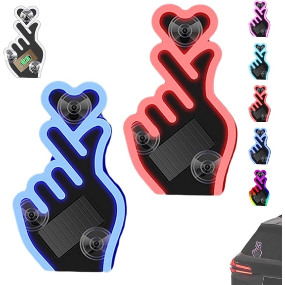 Solar-Powered Finger Heart Car Window Light, Solar Powered Wireless LED Heart Shape C-Pillar Neon Light, Wireless LED Heartshape C-Pillar Neon Light for Car Decor Rear & Side Windows (2pcs-h)