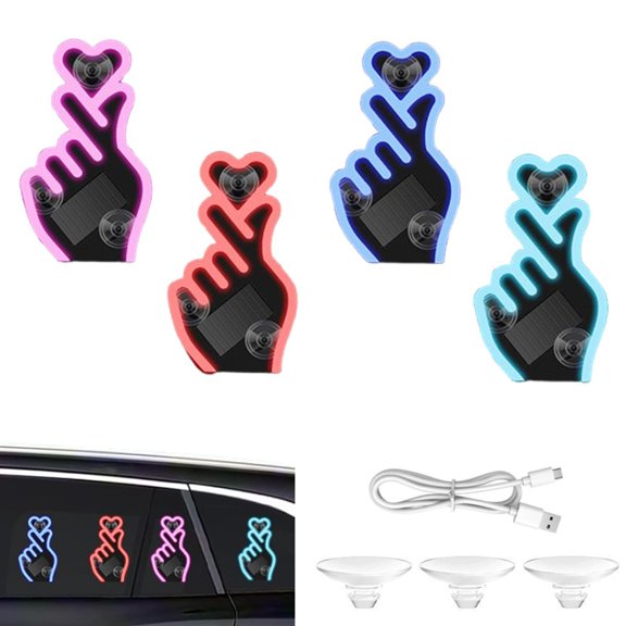 Solar-Powered Finger Heart Car Window Light, Solar Powered Wireless LED Heart Shape Neon Light with Suction Cup, Romantic Window Ambient Lighting