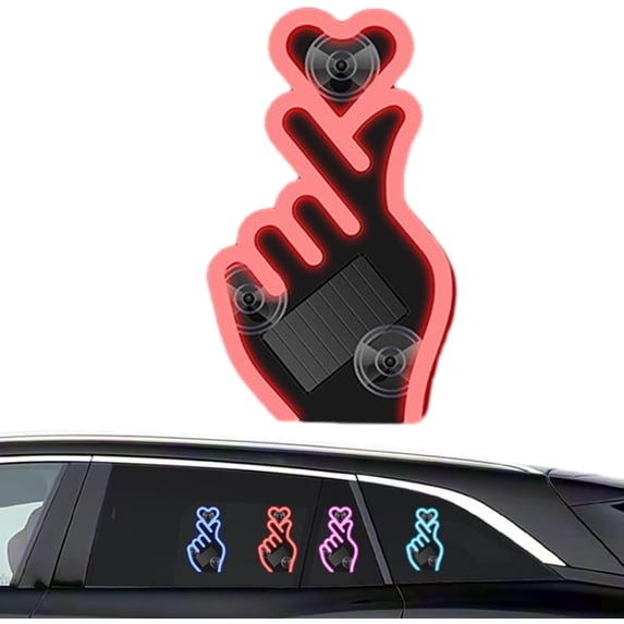 Solar-Powered Finger Heart Car Window Light, Solar Powered Wireless Led Heart Shape C-Pillar Neon Light, Wireless Suction Mount with Smart Motion Sensor, Ip65 Waterproof, for Valentine‘s Day (Red)