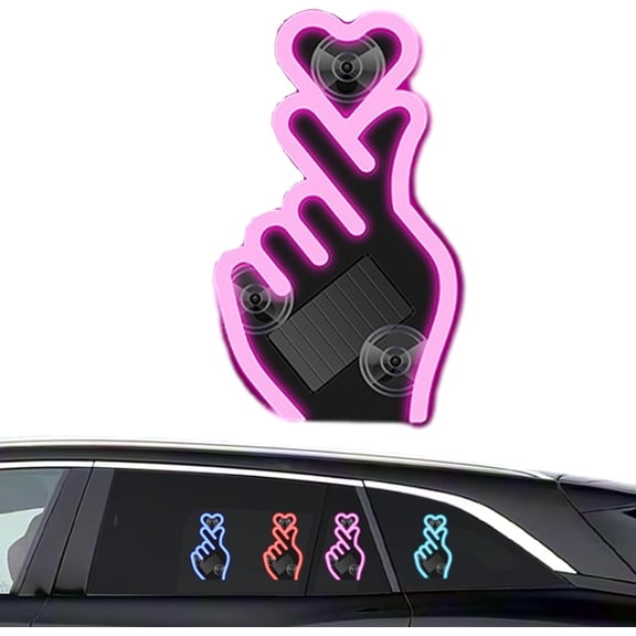 Solar-Powered Finger Heart Car Window Light, Solar Powered Wireless Led Heart Shape C-Pillar Neon Light, Wireless Suction Mount with Smart Motion Sensor, Ip65 Waterproof, for Valentine‘s Day (Pink)