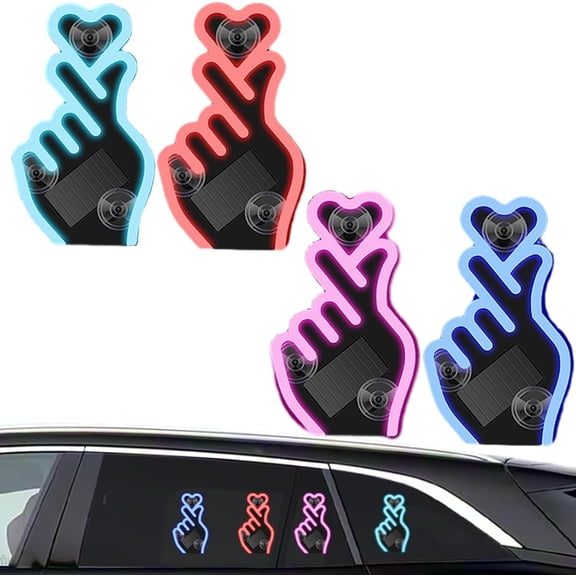 Solar-Powered Finger Heart Car Window Light, Solar Powered Wireless Led Heart Shape C-Pillar Neon Light, Wireless Suction Mount with Smart Motion Sensor, Ip65 Waterproof, for Valentine‘s Day